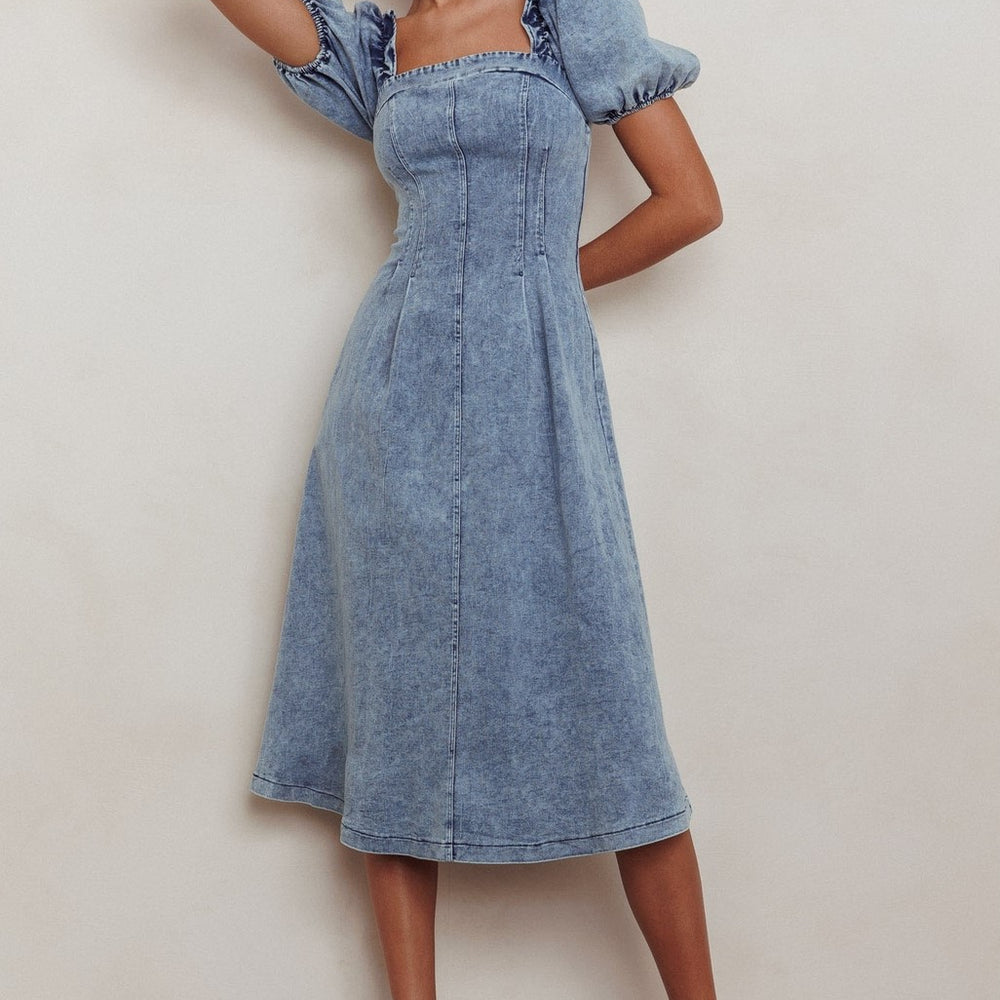 puff sleeve midi denim dress