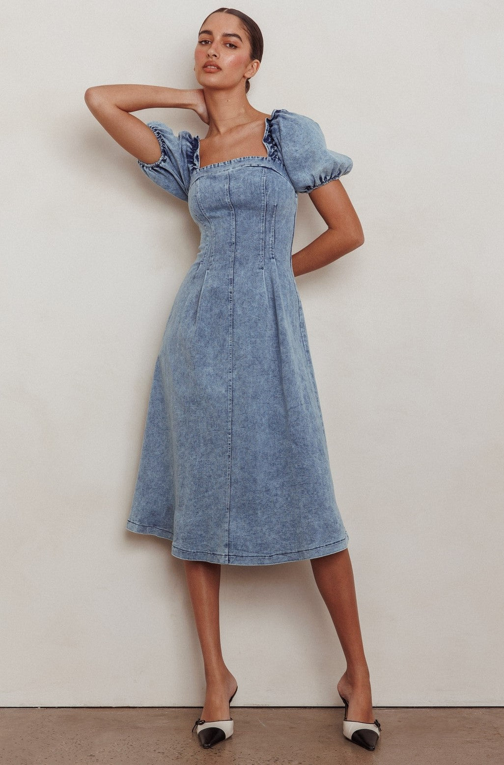 puff sleeve midi denim dress