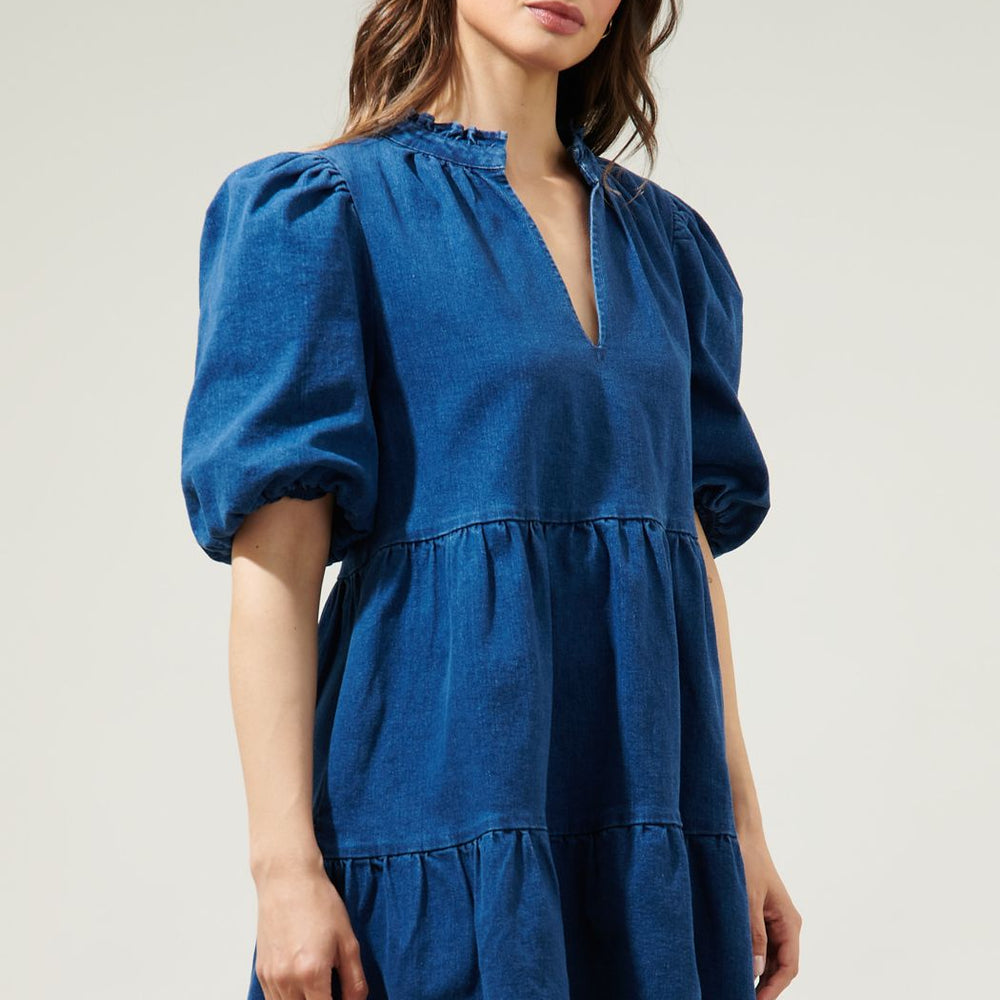 
                      
                        short sleeve babydoll denim mini dress
                      
                    