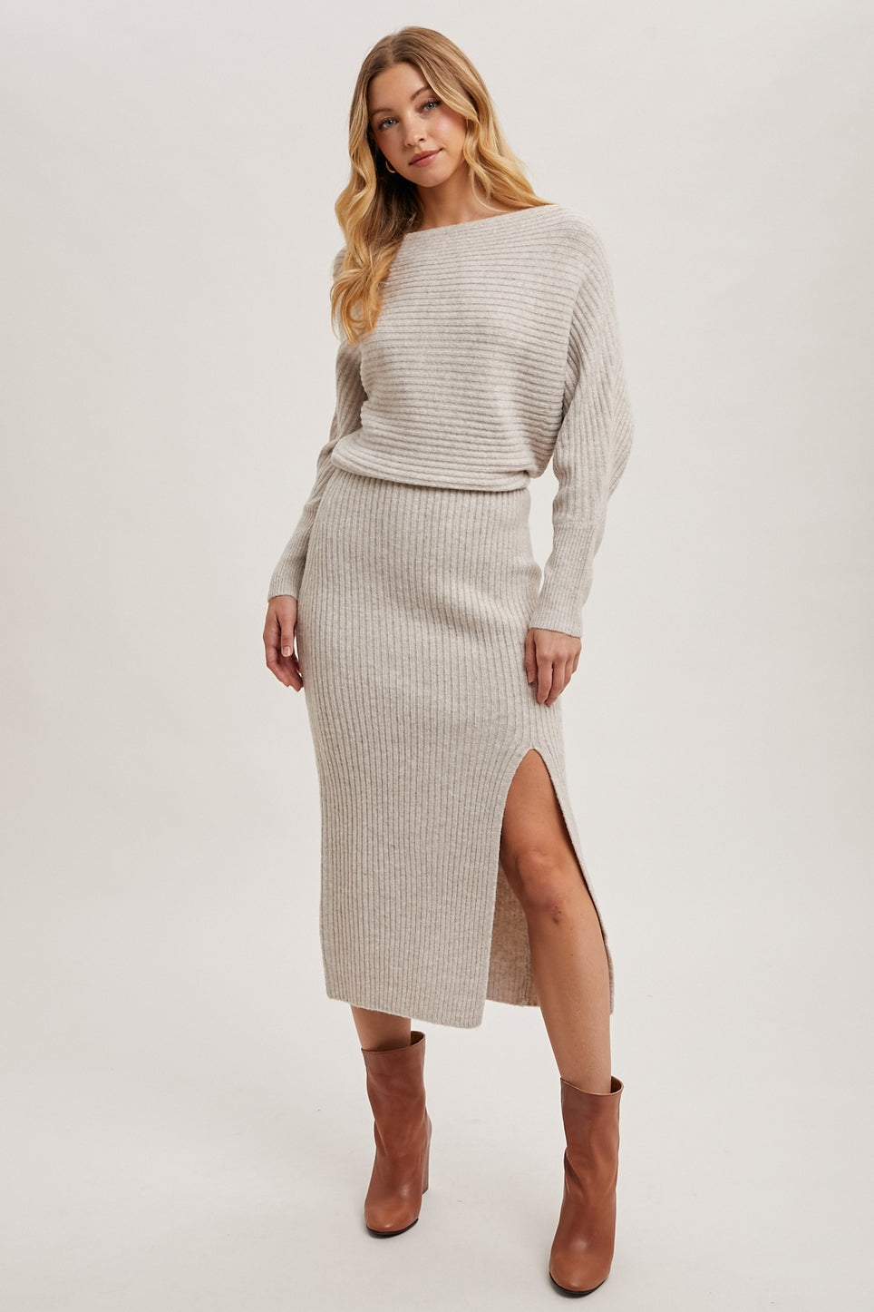 One Shoulder Off Side Slit Midi Knit Alta Sweater Dress