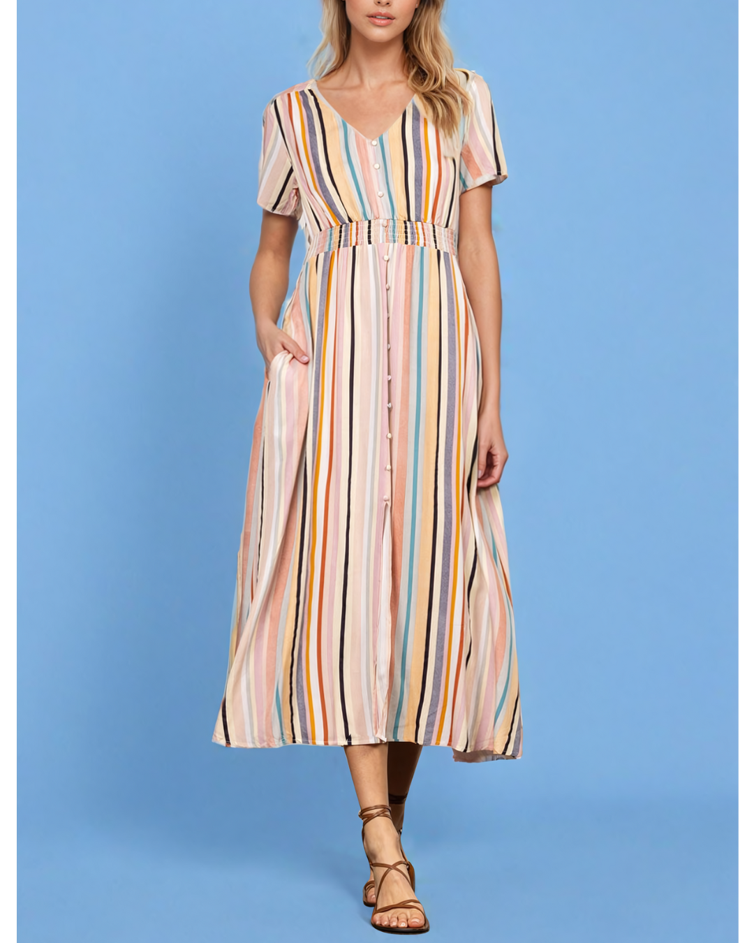 Chloe Multi Striped V-Neck Maxi Dress