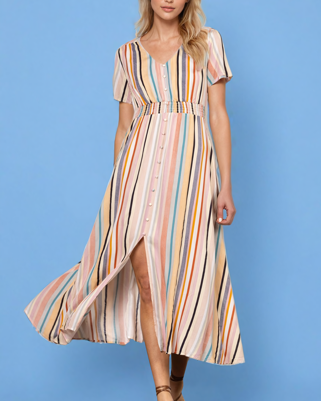 Chloe Multi Striped V-Neck Maxi Dress