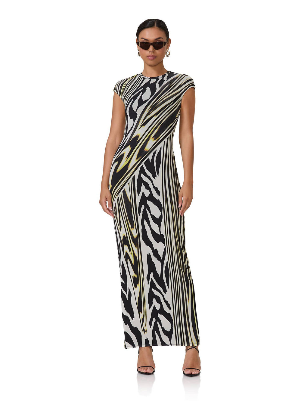 Cody Print Cap Sleeve Mesh Maxi Dress In Zebra Lime