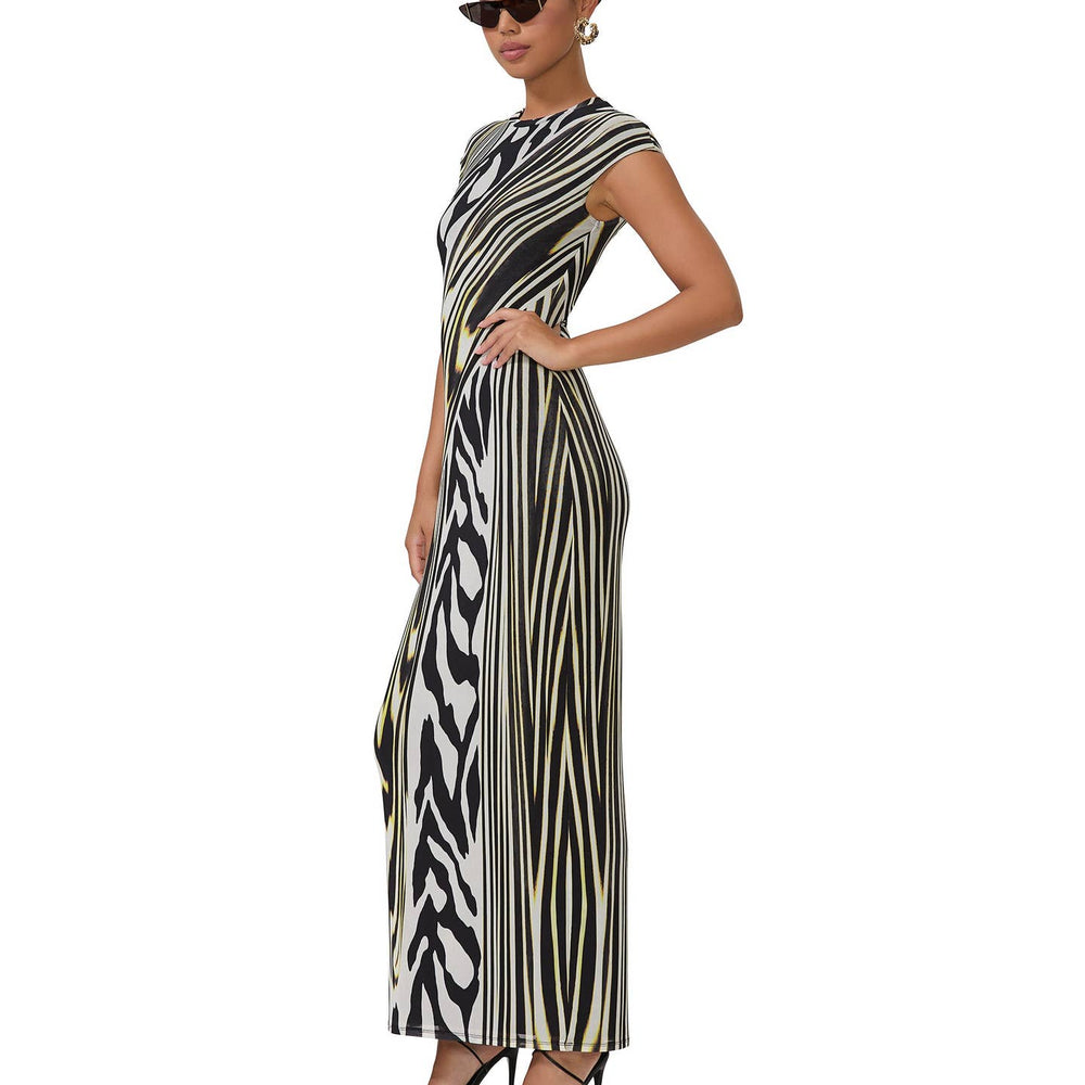 Cody Print Cap Sleeve Mesh Maxi Dress In Zebra Lime