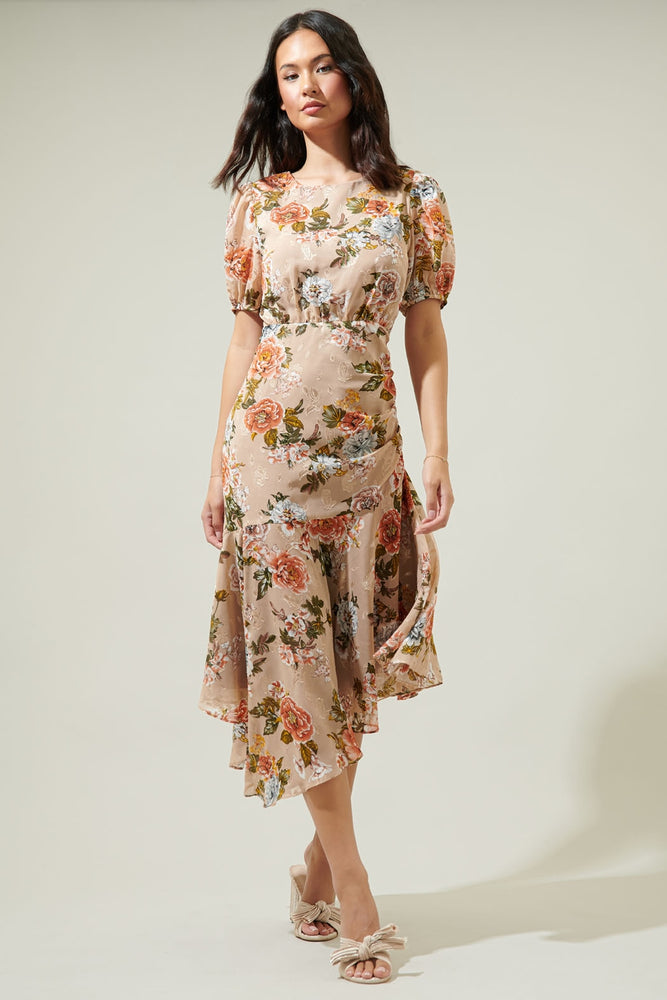 Harbin Floral Balboa Asymmetrical Midi Dress