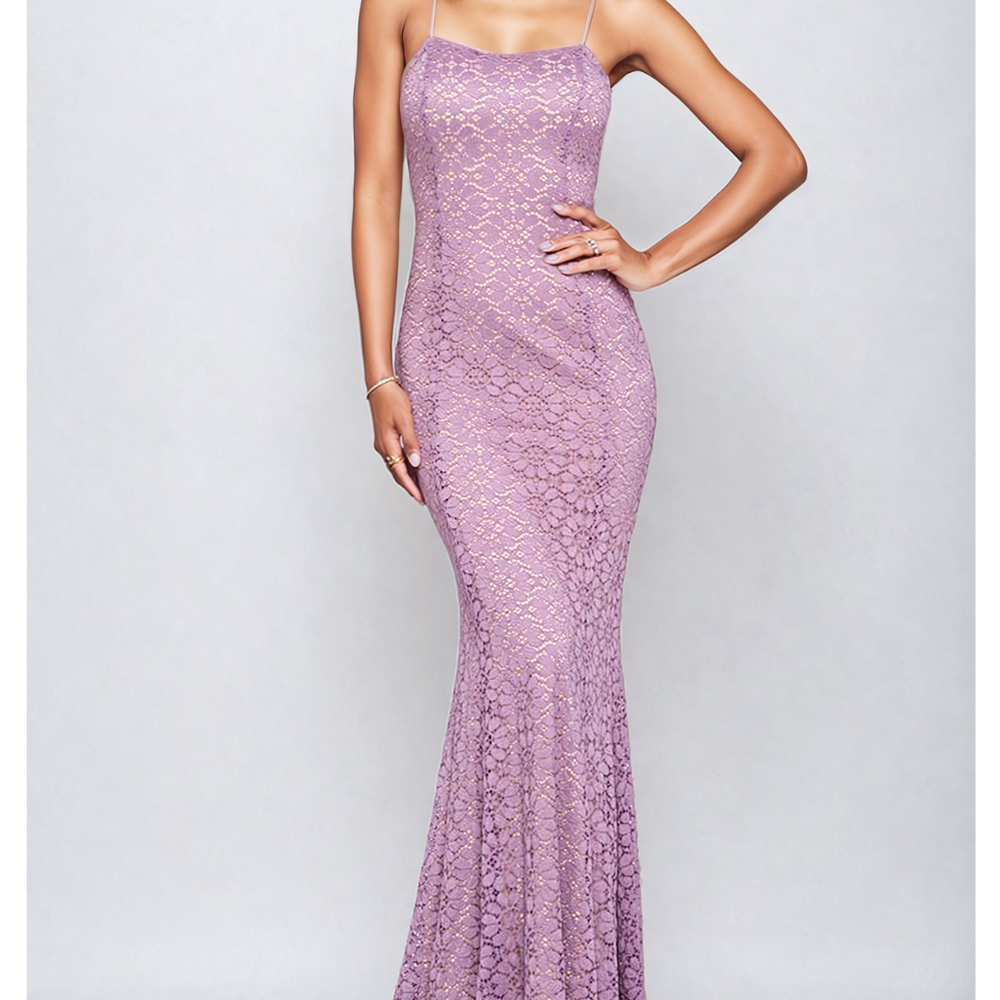 Intricate Lace Mermaid Gown with Open Back Detail - Lavender