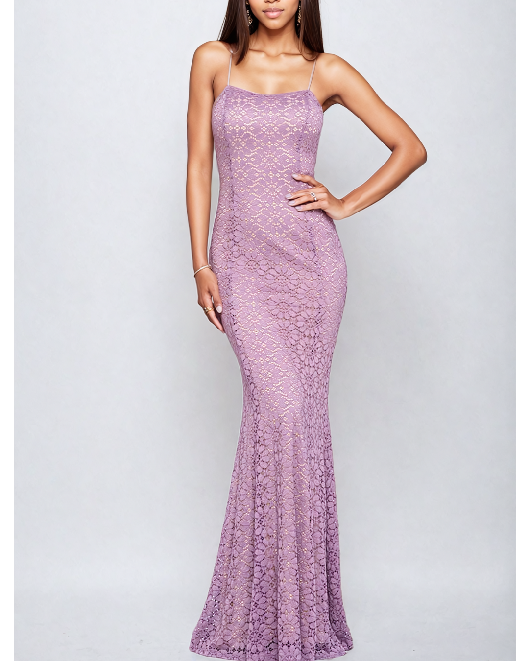 Intricate Lace Mermaid Gown with Open Back Detail - Lavender