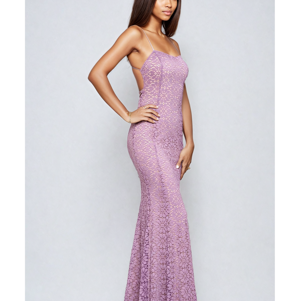 
                      
                        Intricate Lace Mermaid Gown with Open Back Detail - Lavender
                      
                    