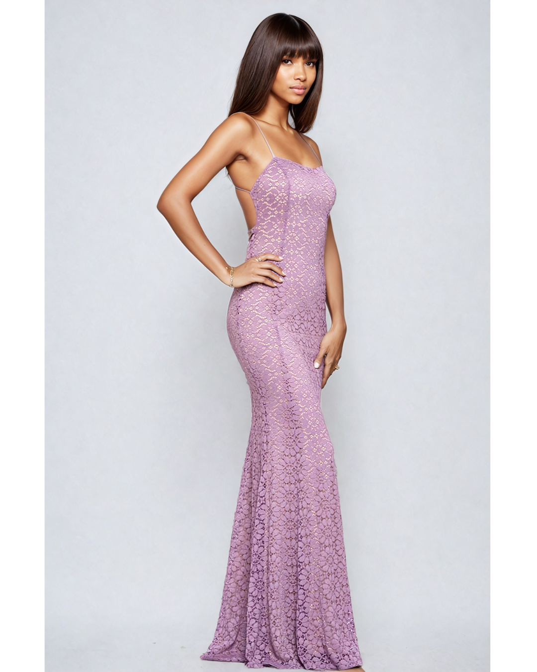 Intricate Lace Mermaid Gown with Open Back Detail - Lavender