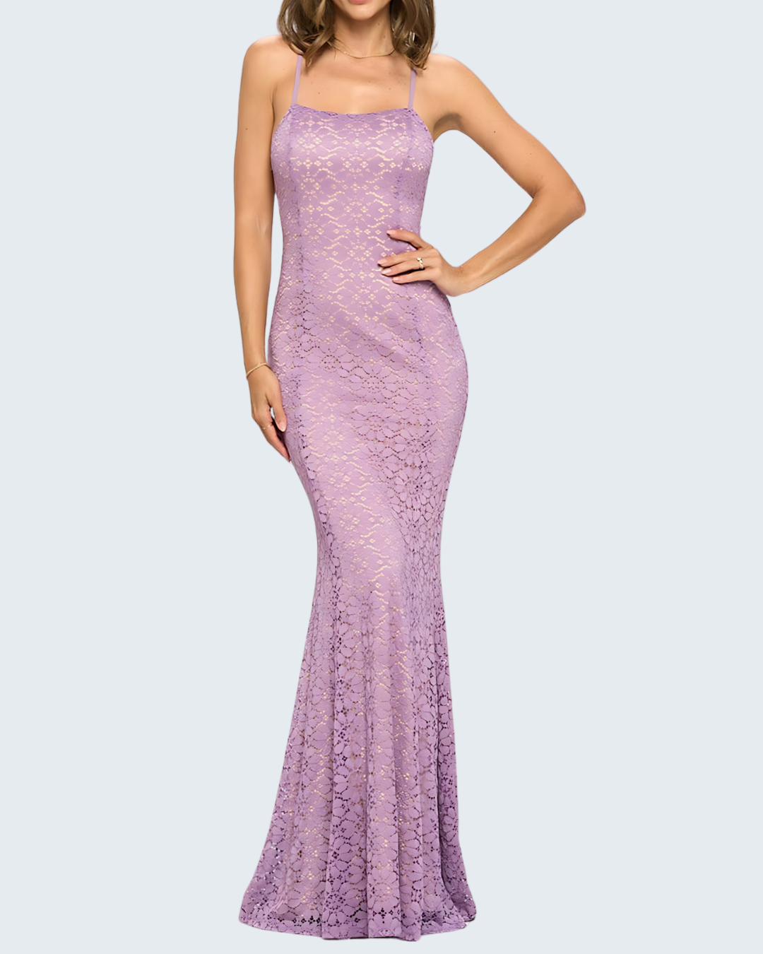 Intricate Lace Mermaid Gown with Open Back Detail - Lavender