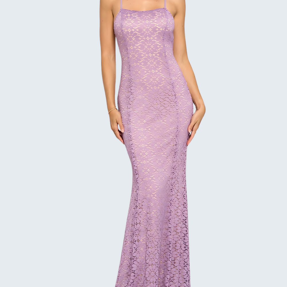 Intricate Lace Mermaid Gown with Open Back Detail - Lavender