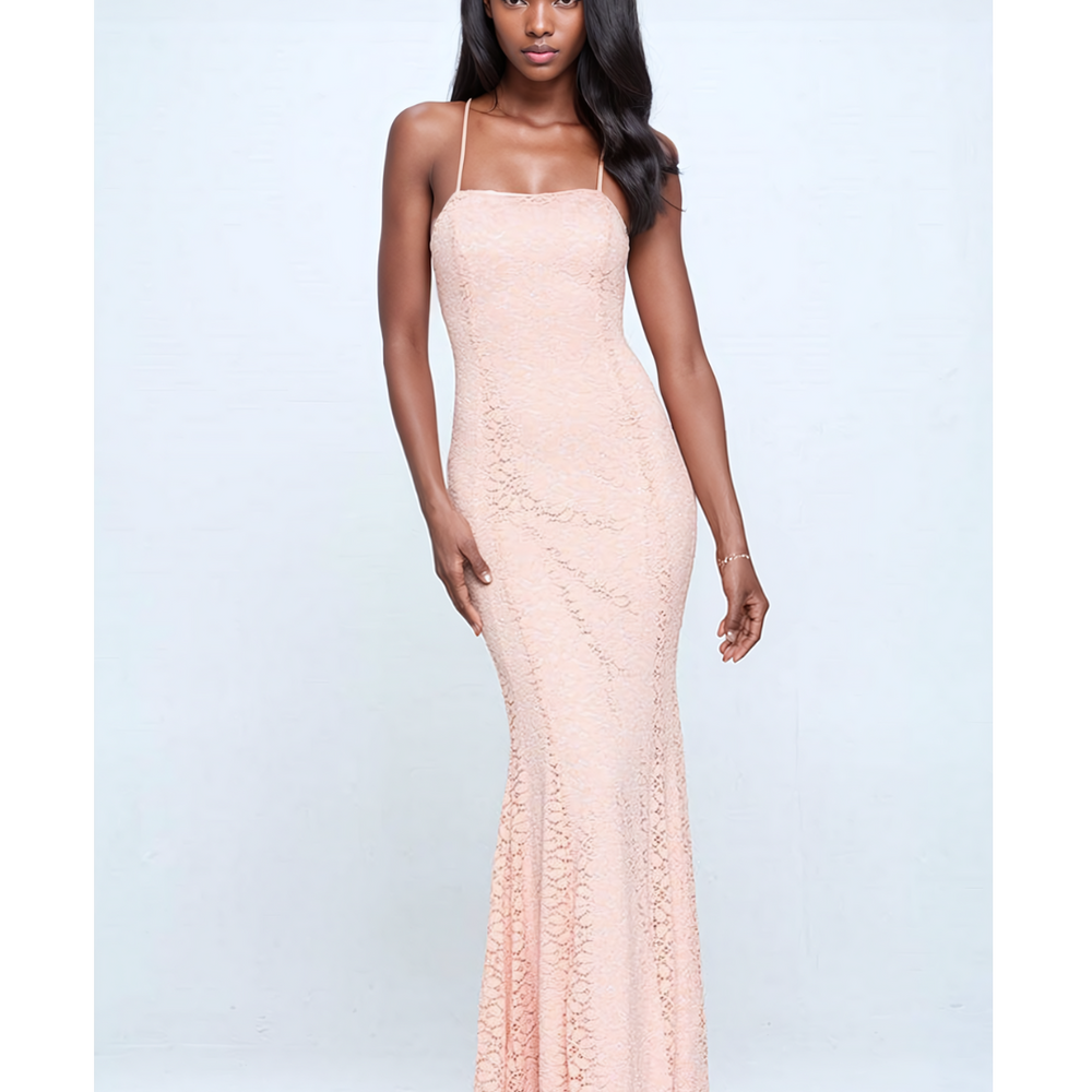 Intricate Lace Mermaid Gown with Open Back Detail - Peach