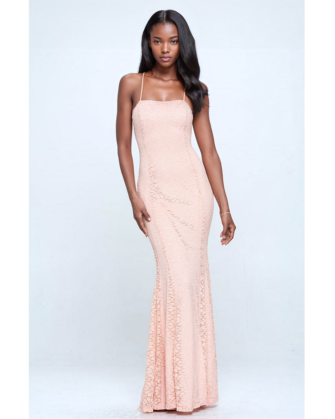 Intricate Lace Mermaid Gown with Open Back Detail - Peach