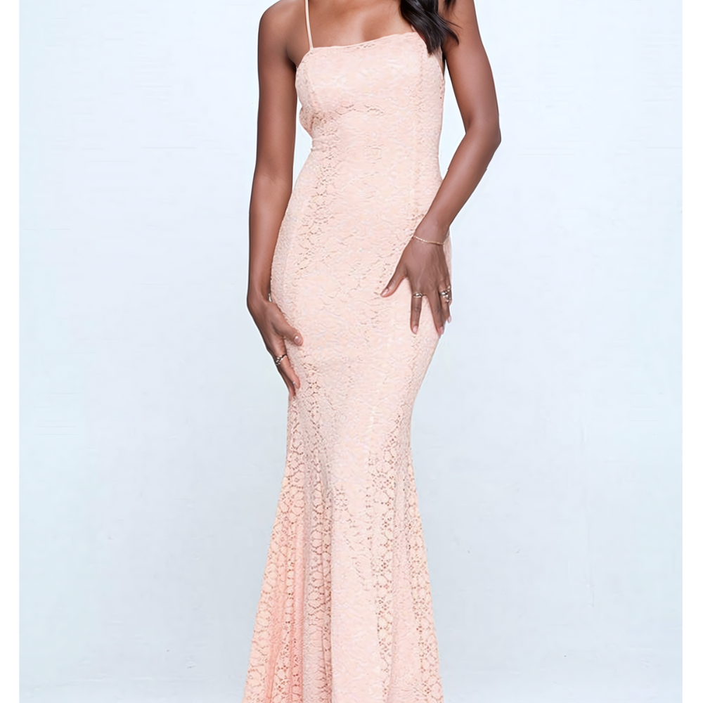 Intricate Lace Mermaid Gown with Open Back Detail - Peach