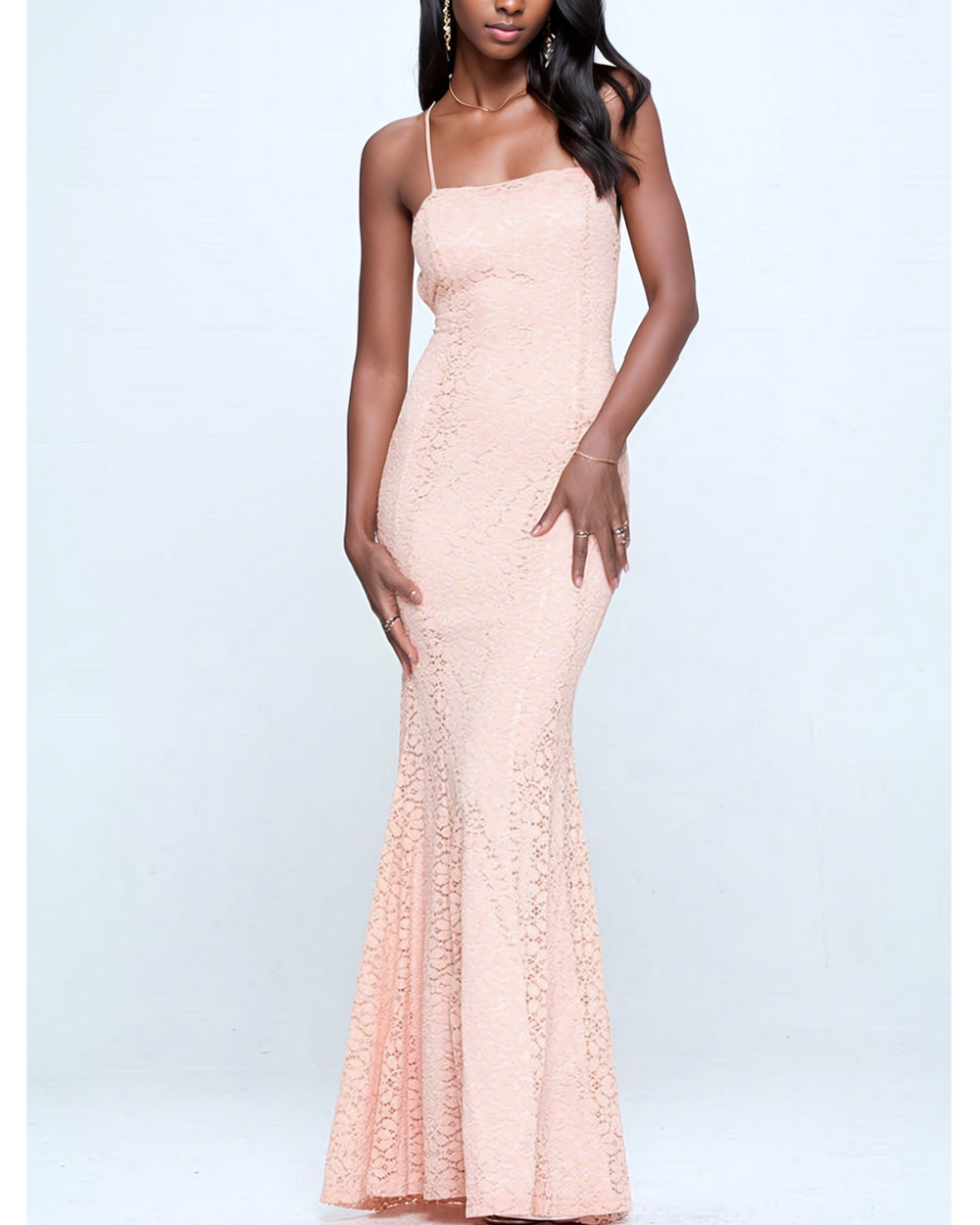 Intricate Lace Mermaid Gown with Open Back Detail - Peach