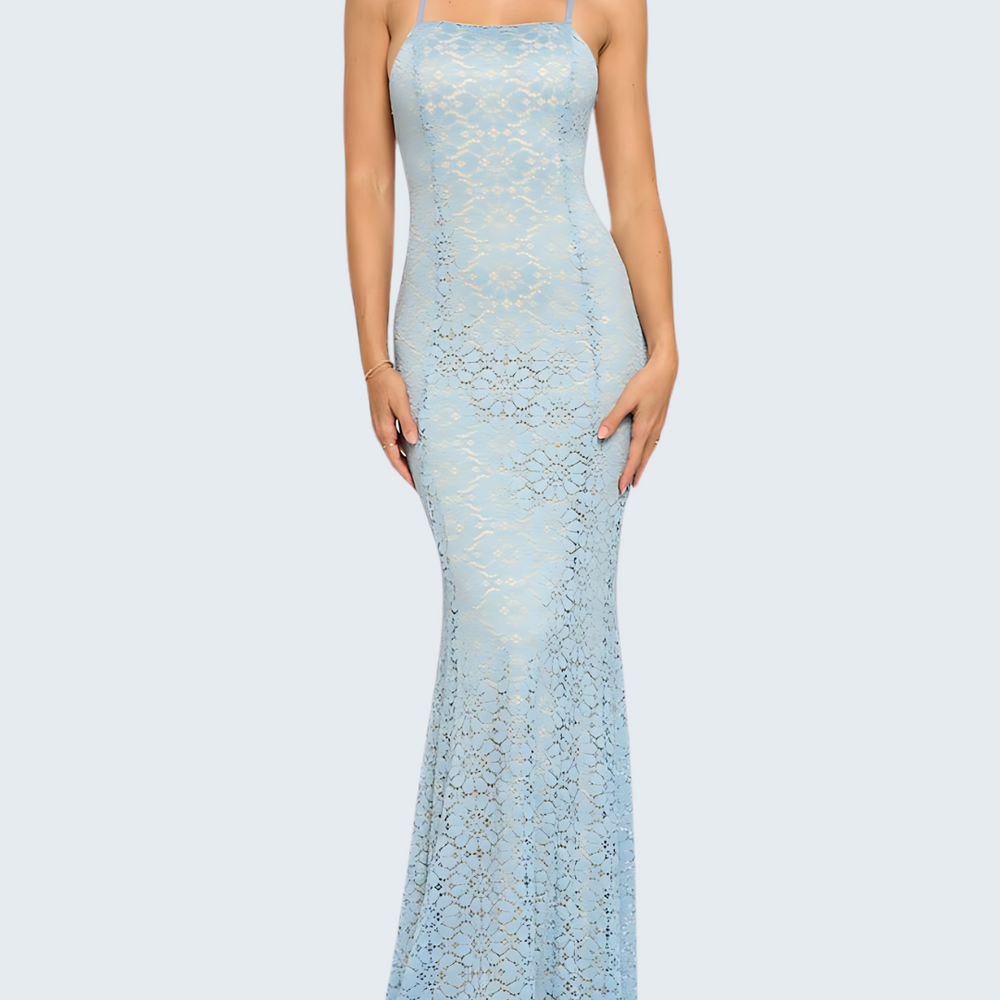 Intricate Lace Mermaid Gown with Open Back Detail - Petal Blue