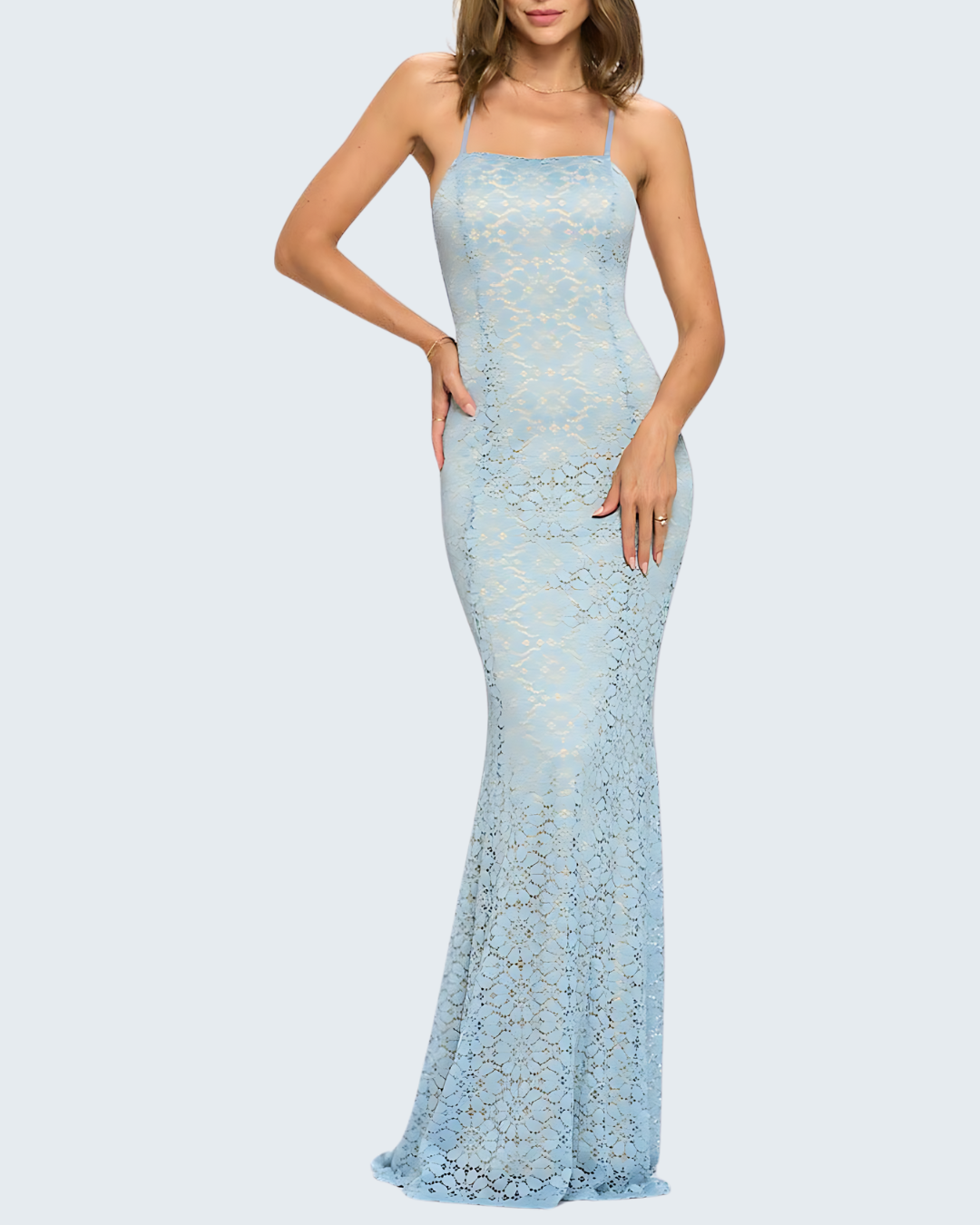 Intricate Lace Mermaid Gown with Open Back Detail - Petal Blue