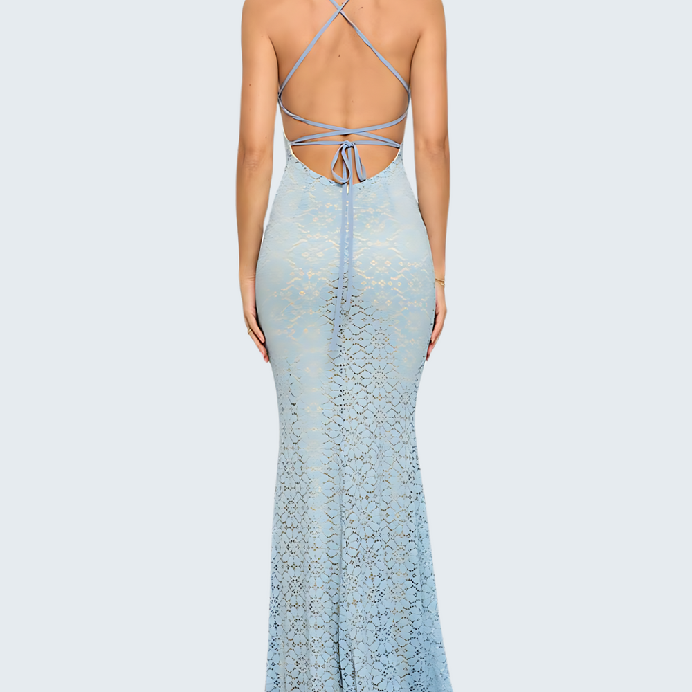 
                      
                        Intricate Lace Mermaid Gown with Open Back Detail - Petal Blue
                      
                    