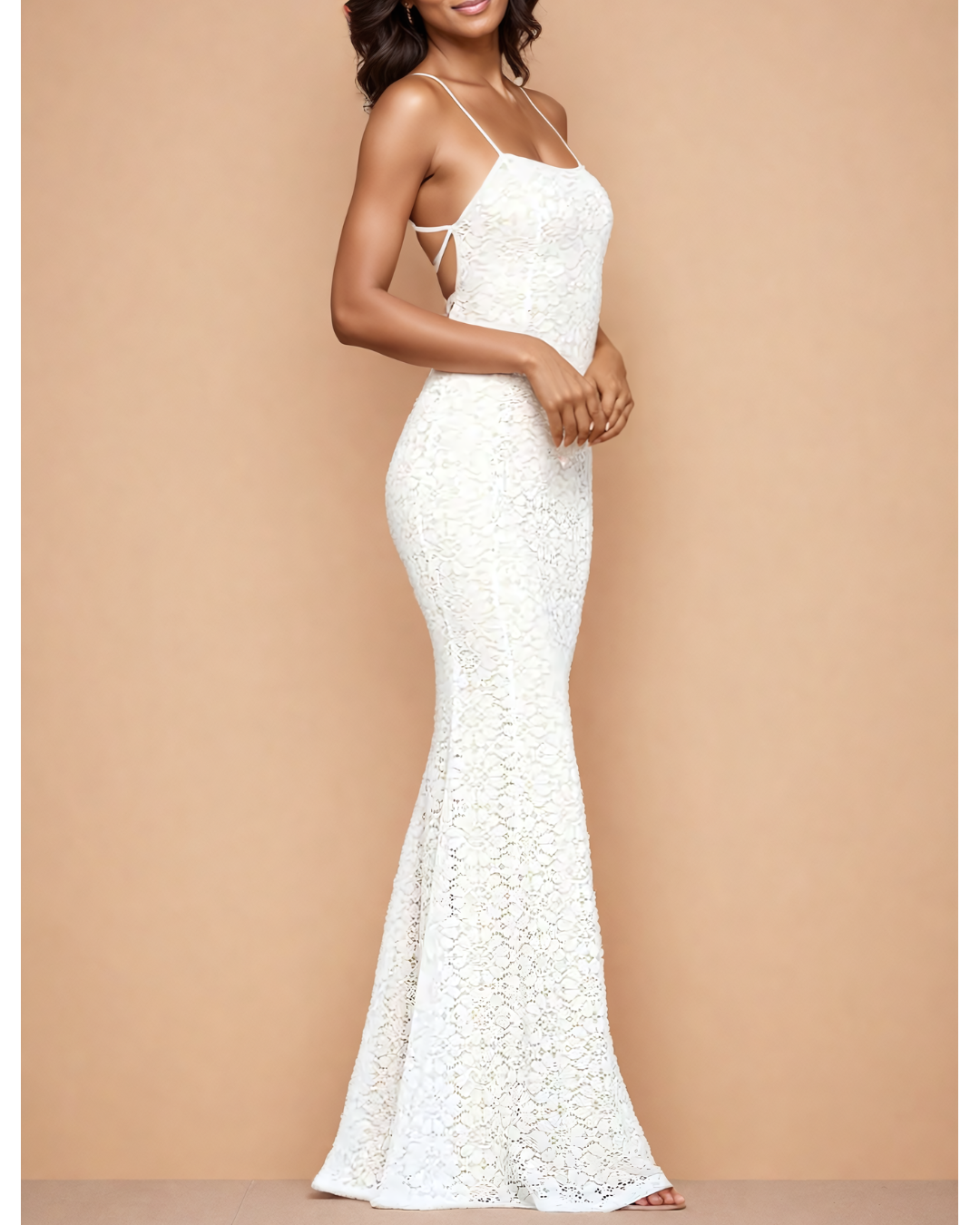 Intricate Lace Mermaid Gown with Open Back Detail - White