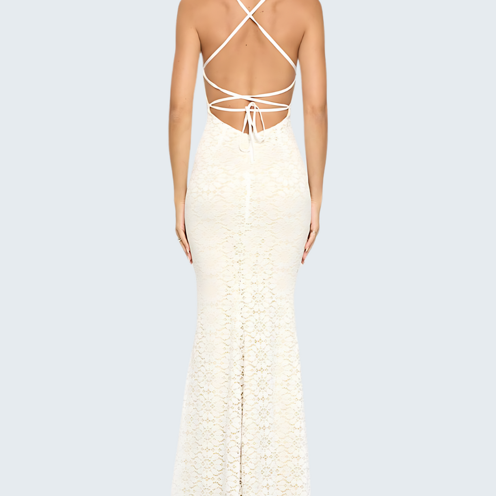 
                      
                        Intricate Lace Mermaid Gown with Open Back Detail - White
                      
                    