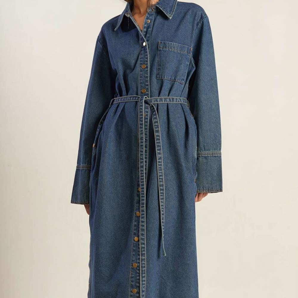 Kelsie belted denim midi shirtdress