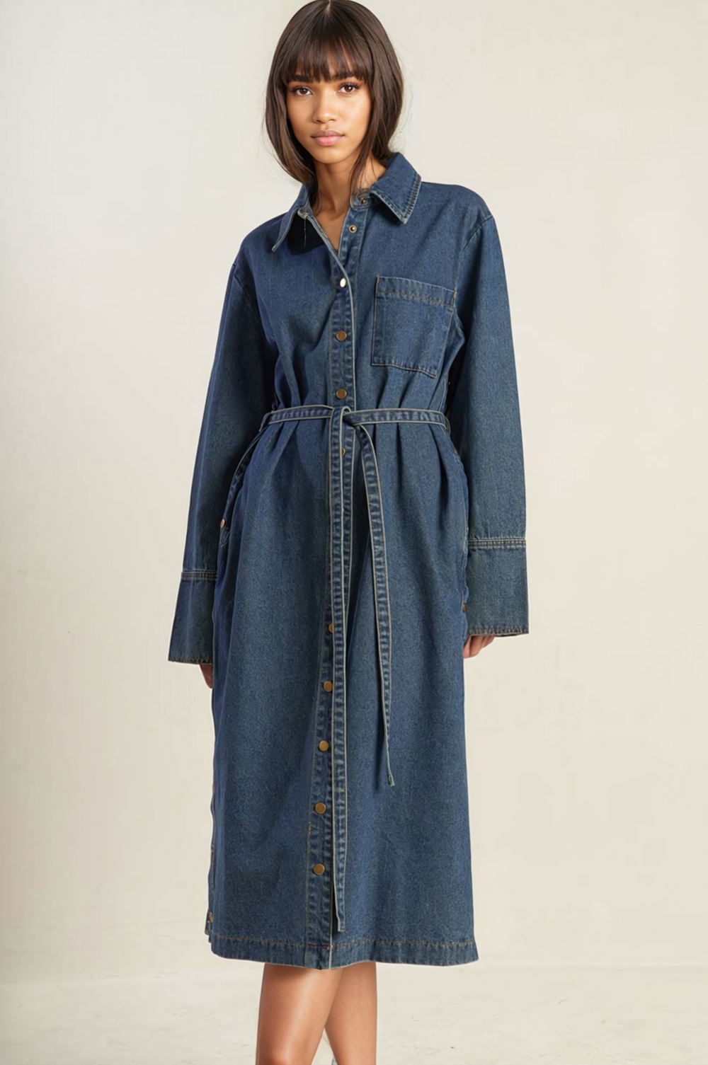 Kelsie belted denim midi shirtdress