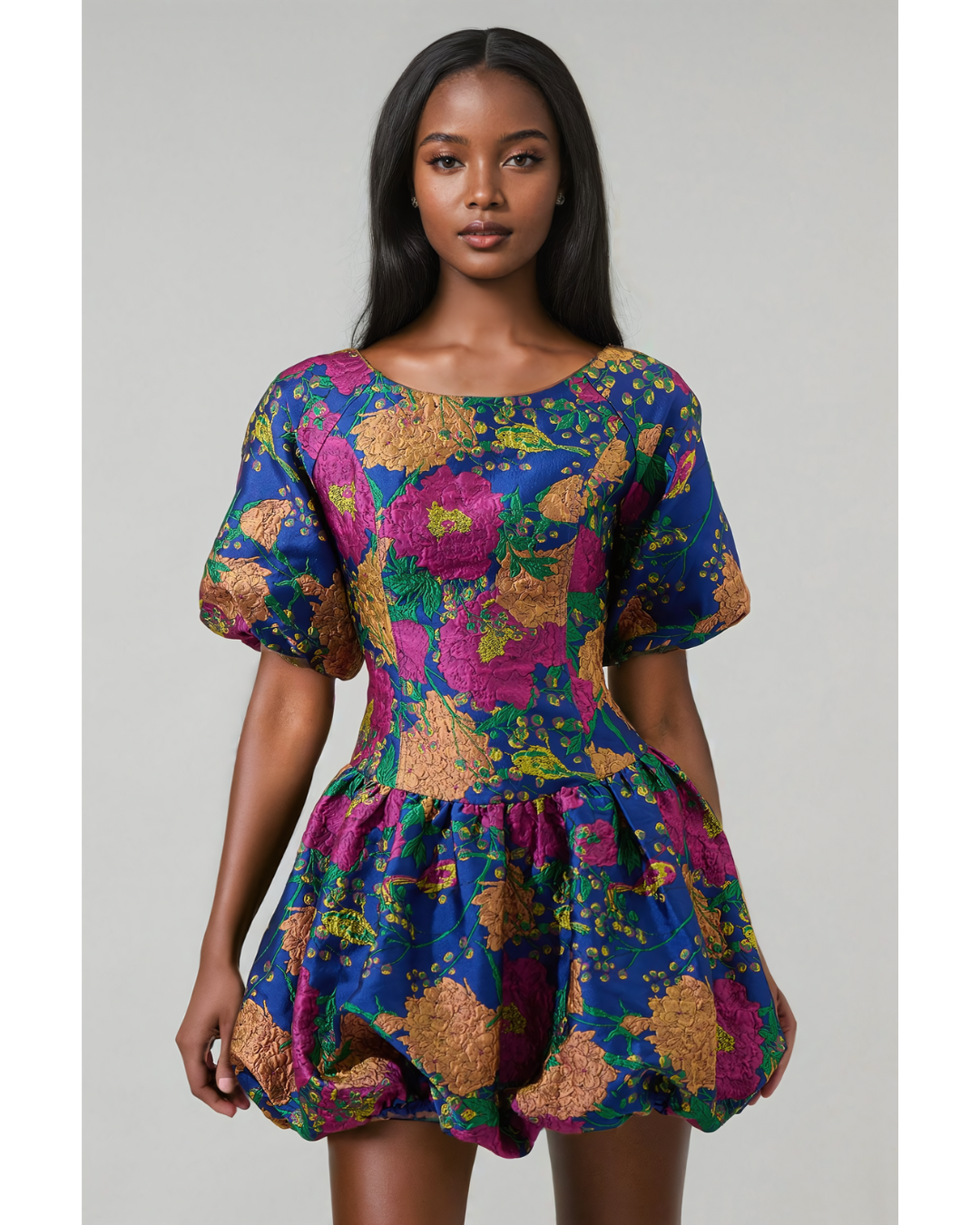 Kiah Floral Jacquard Puff Sleeve Mini Dress