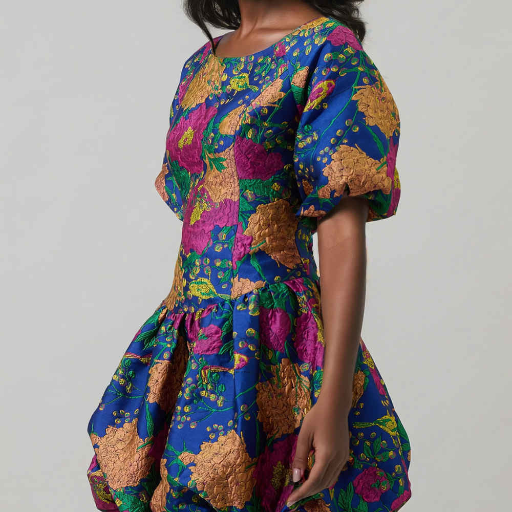 Kiah Floral Jacquard Puff Sleeve Mini Dress