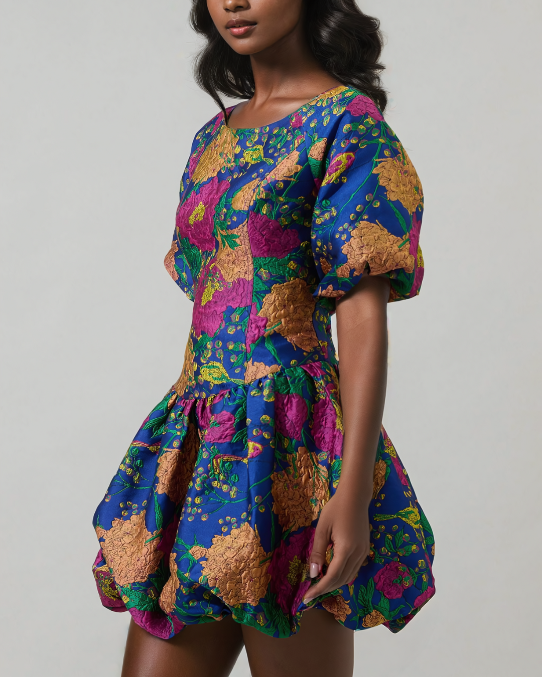 Kiah Floral Jacquard Puff Sleeve Mini Dress