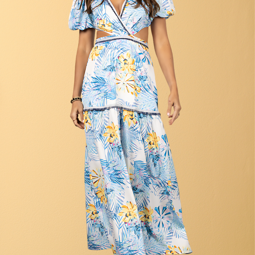 Lana Side Cutout Puff Sleeve Maxi Dress -Blue