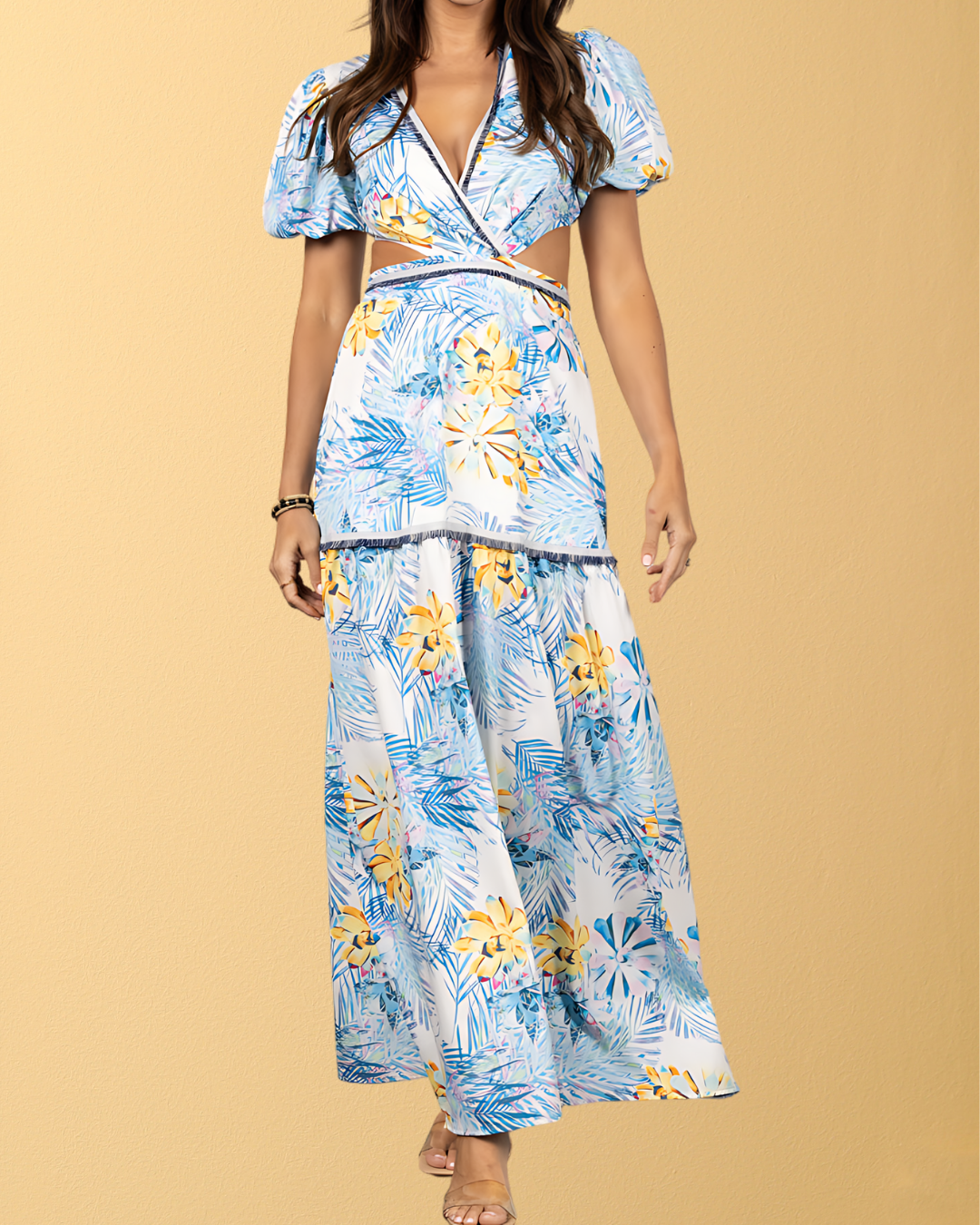 Lana Side Cutout Puff Sleeve Maxi Dress -Blue