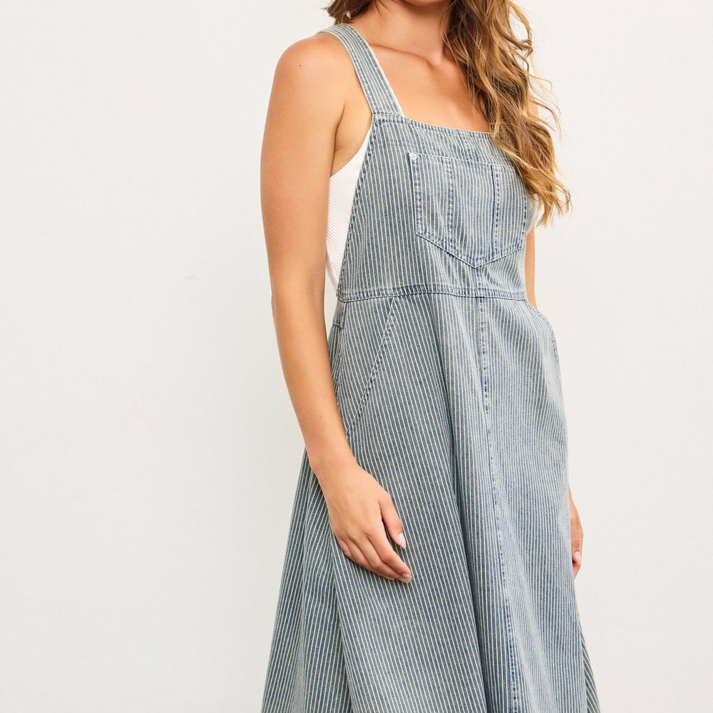 Moxie Striped Denim Suspenders Dress