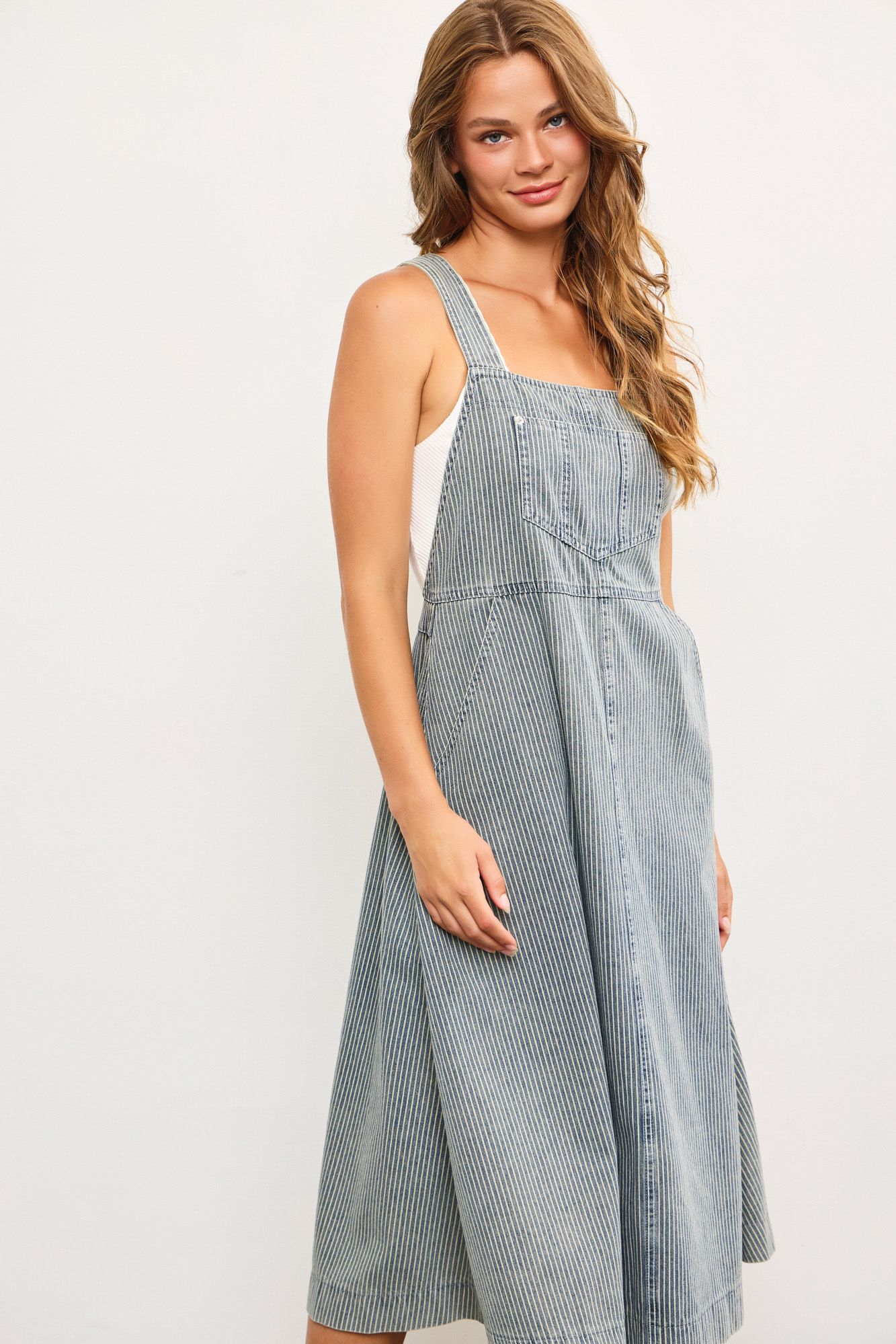 Moxie Striped Denim Suspenders Dress