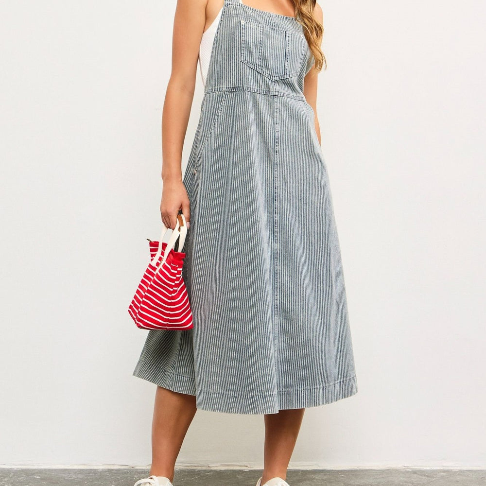 Moxie Striped Denim Suspenders Dress