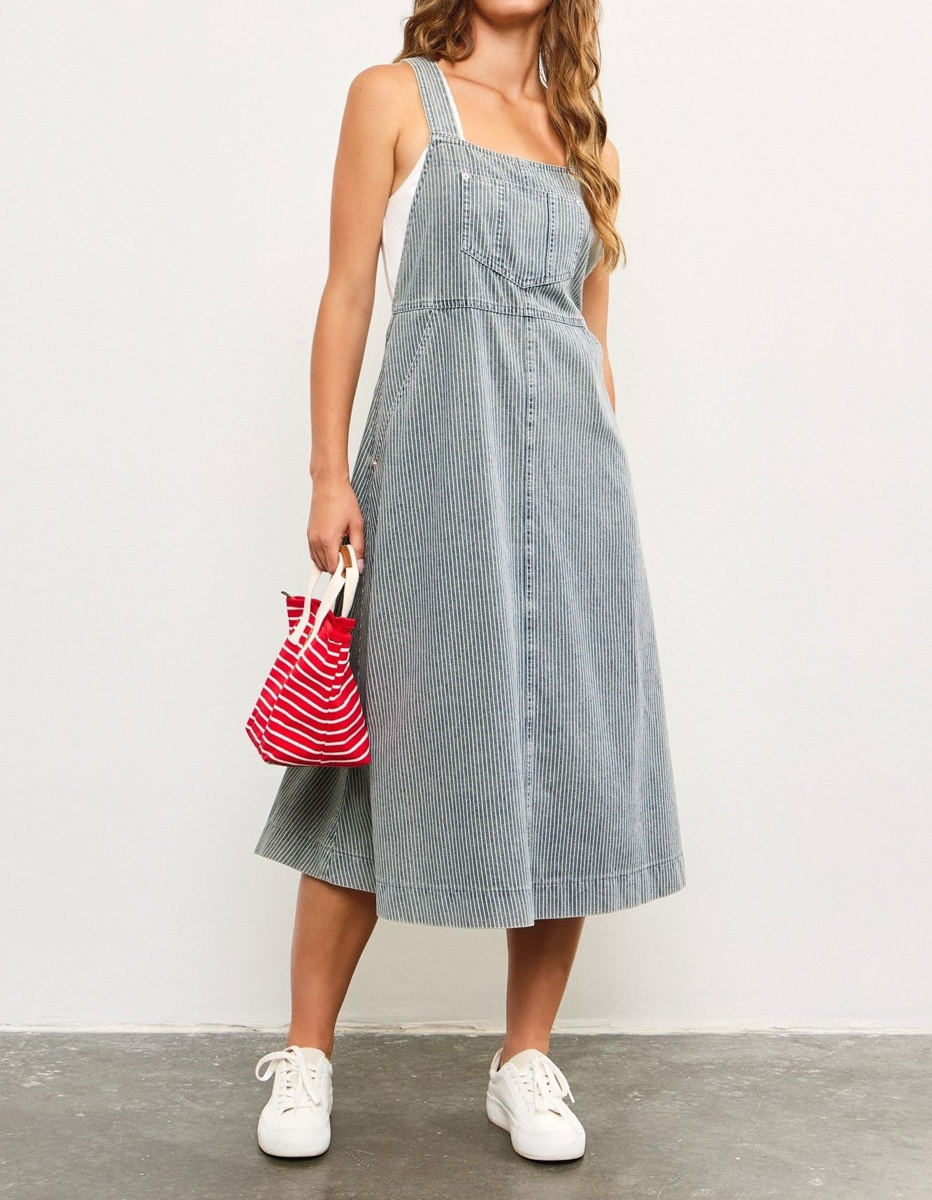 Moxie Striped Denim Suspenders Dress