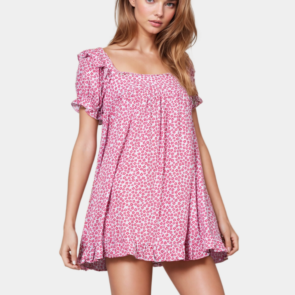 Pink Ditsy Floral Ruffle Sleeve Mini Dress