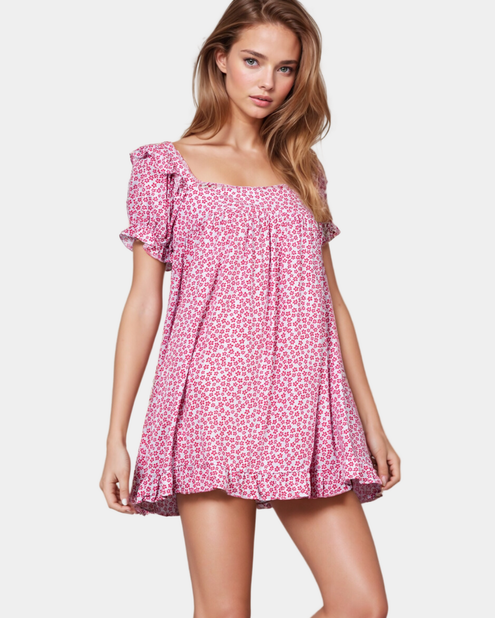 Pink Ditsy Floral Ruffle Sleeve Mini Dress