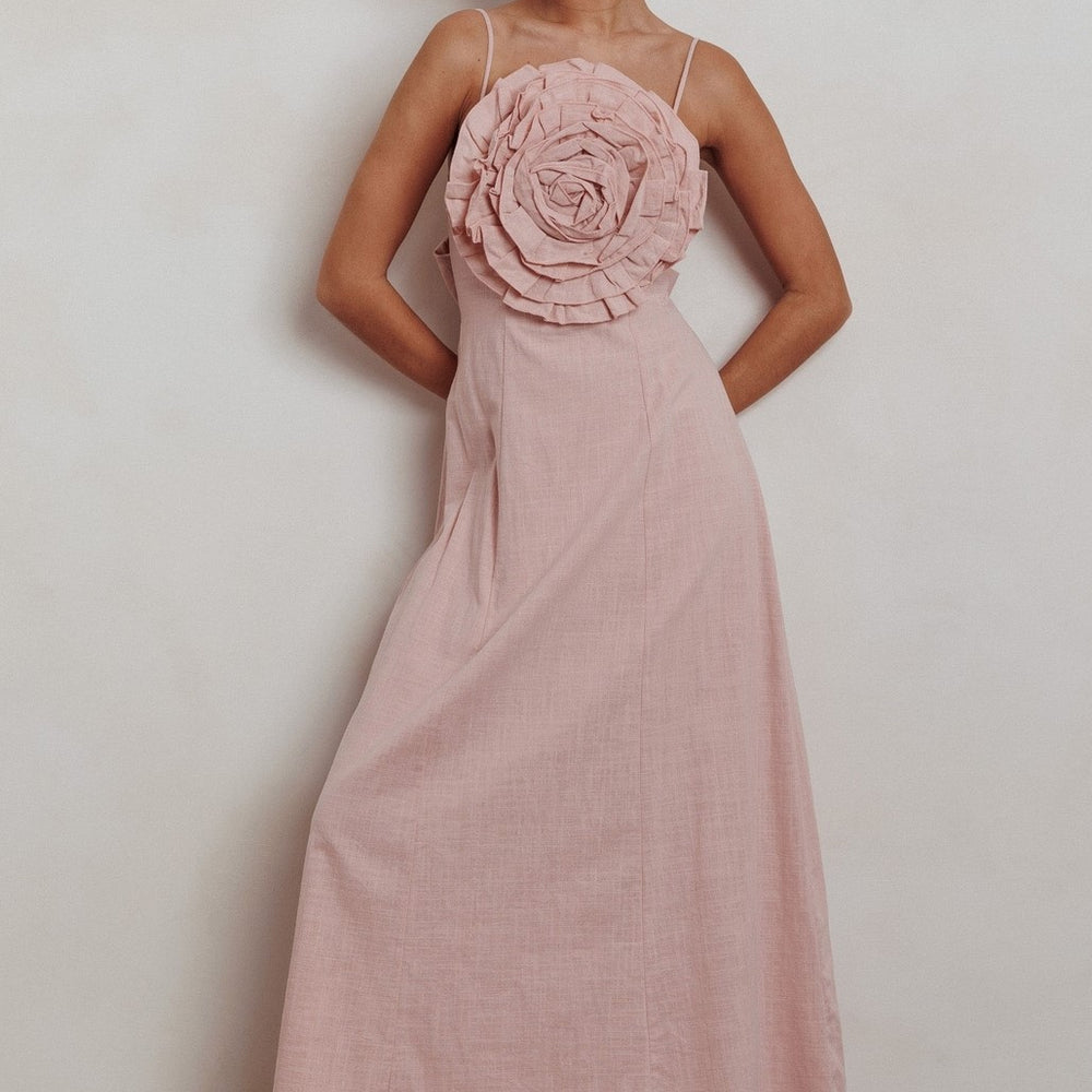 Rosette Floral Applique Tie Back Maxi Dress