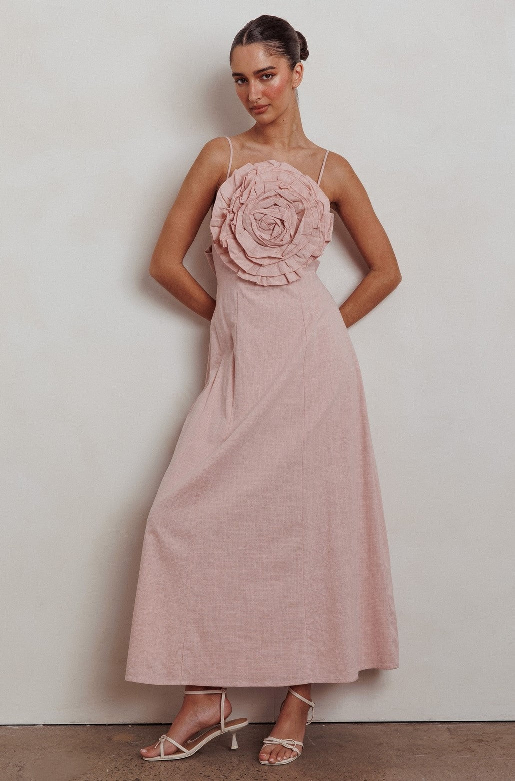 Rosette Floral Applique Tie Back Maxi Dress