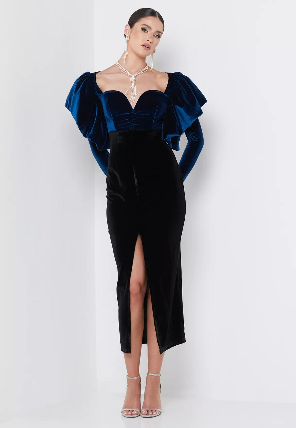 Selena Frilled Shoulder Velvet Midi Dress