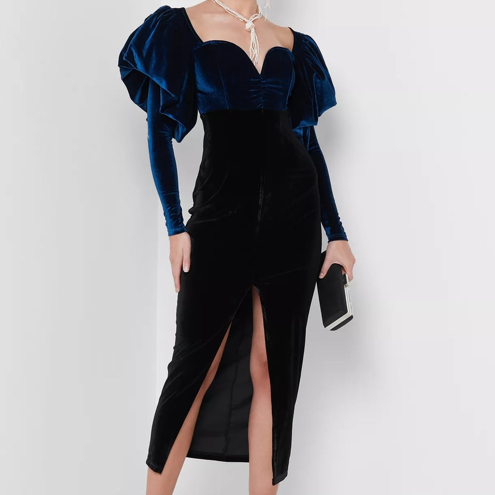 Selena Frilled Shoulder Velvet Midi Dress