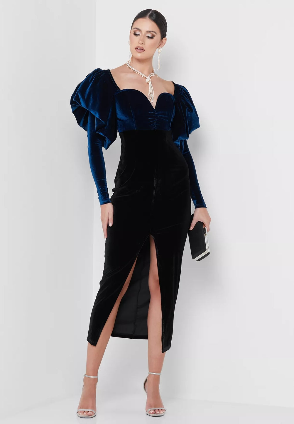 Selena Frilled Shoulder Velvet Midi Dress