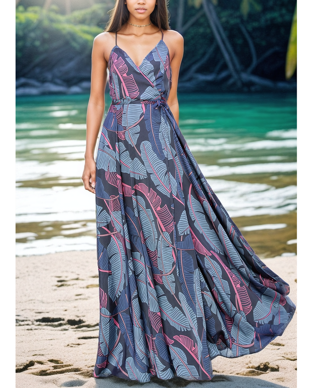 Serenity Leaf Print Maxi Wrap Dress - Blue