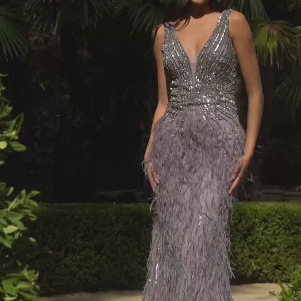 
                      
                        Load and play video in Gallery viewer, Gaia Beaded and Feather Fitted Gown
                      
                    