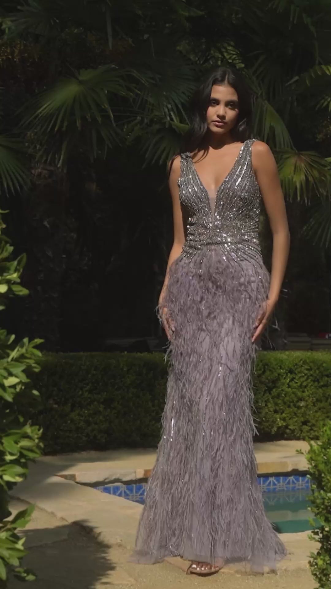 Gaia Beaded and Feather Fitted Gown