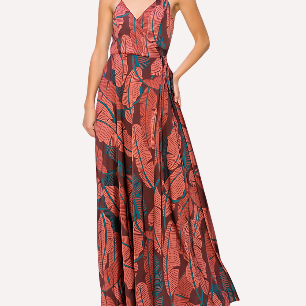 Serenity Leaf Print Maxi Wrap Dress - Burgundy