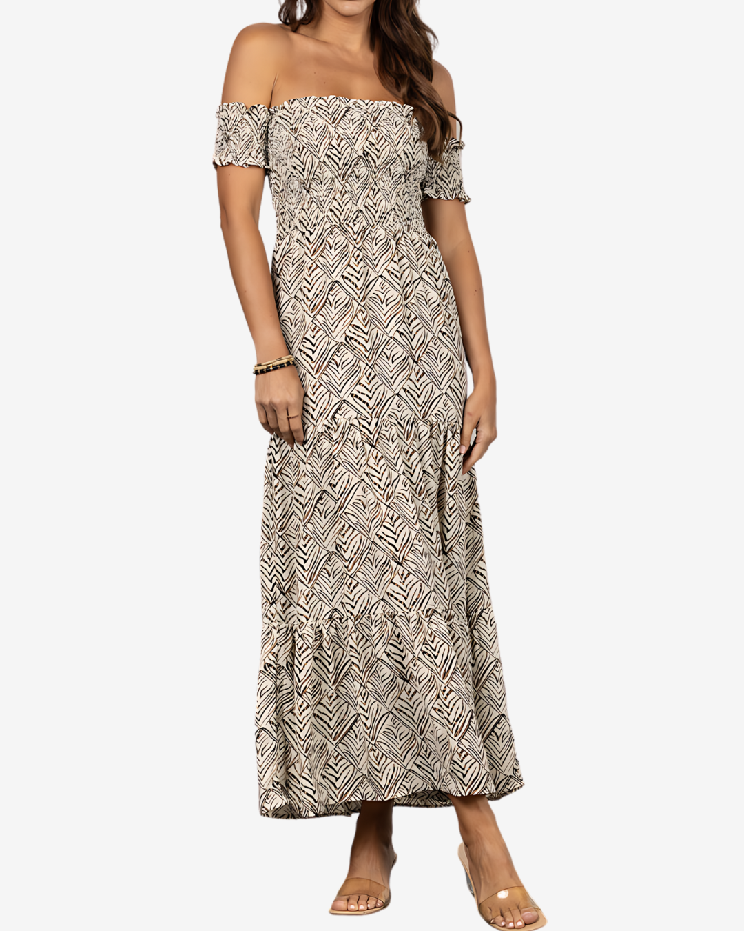 Sun-Kissed Leaf Print Off-the-Shoulder Maxi Dress